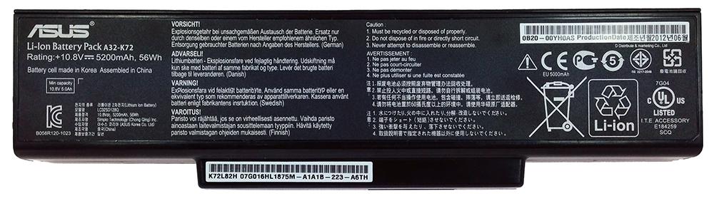 Аккумуляторная батарея для ноутбука ASUS A32-K72 K72, N71, N73, K73 10.8V 5200mAh 56WH